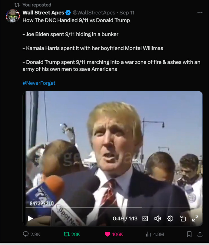 What's worse. Harris smiling at a 9/11 memorial or Trump lying about going to ground zero on 9/11?