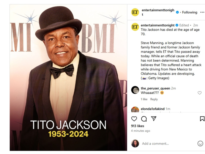 What are your thoughts of the news about Michael Jackson’s brother and legendary Jackson 5 Guitarist, Tito Jackson just passed away at the age of 70?