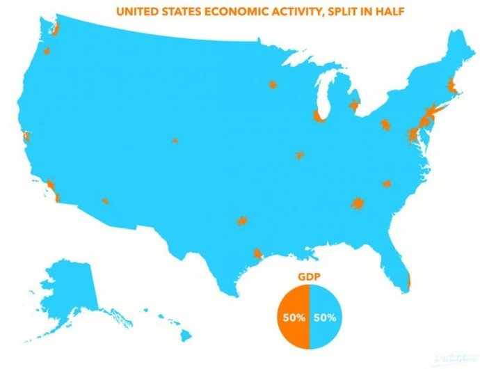 What is your reaction to this map of USA GDP? What are the political, social & economic ramifications of this map? Is this healthy? Is it inevitable?