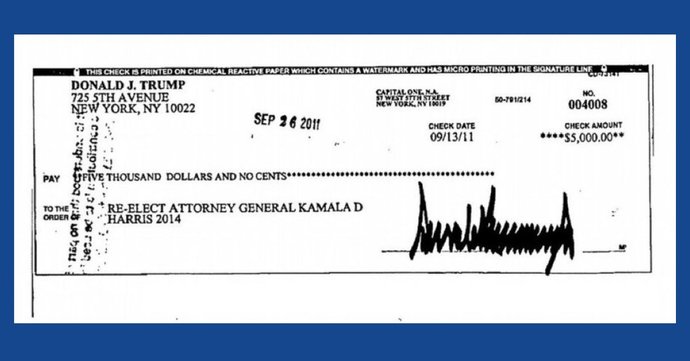 A Check Trump Wrote To Relection of Kamala Harris as Attorney General of California