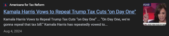 92% of Americans have been paying less tax because of the Trump 2017 tax cuts. Harris says she will repeal the cuts. Why would ANYONE vote for THAT?