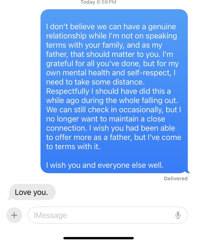 If your parent responded with “love you “ after sending this message how would you feel?