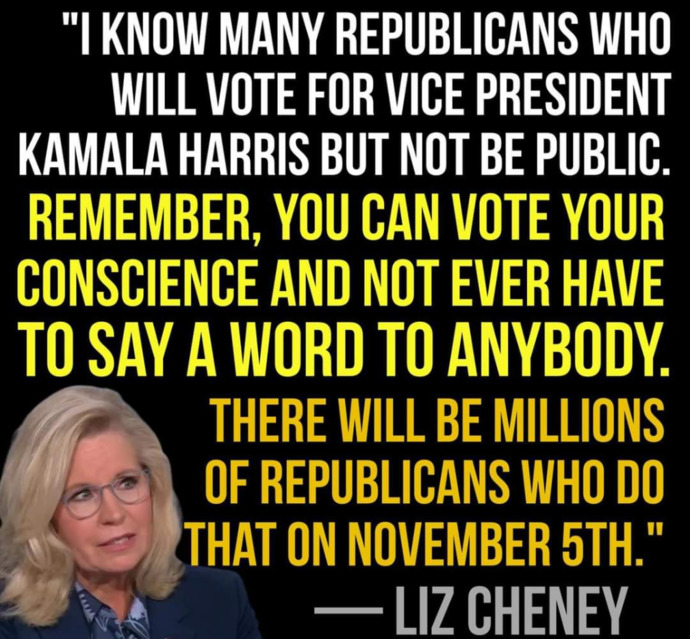 Do you know of any Republicans like Liz and Dick Cheney (and many, many more) who are voting their conscience and plan to vote for Kamala Harris?