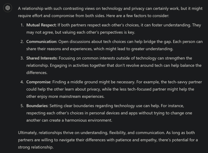 Can such a stark contrasting romantic relationship between a man and a woman work (privacy & tech)?