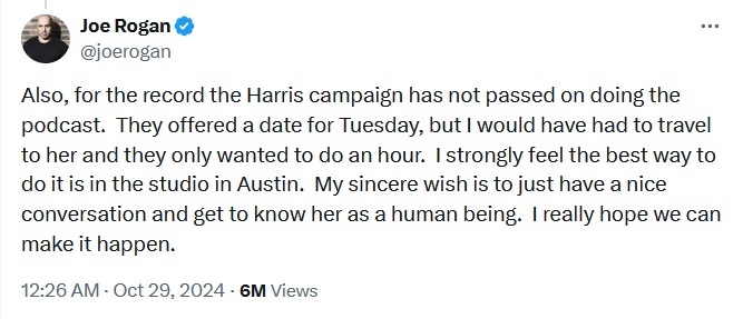 Are you surprised Harris is only willing to do a 1 hour interview with Joe Rogan?