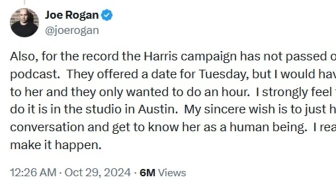 Are you surprised Harris is only willing to do a 1 hour interview with Joe Rogan?