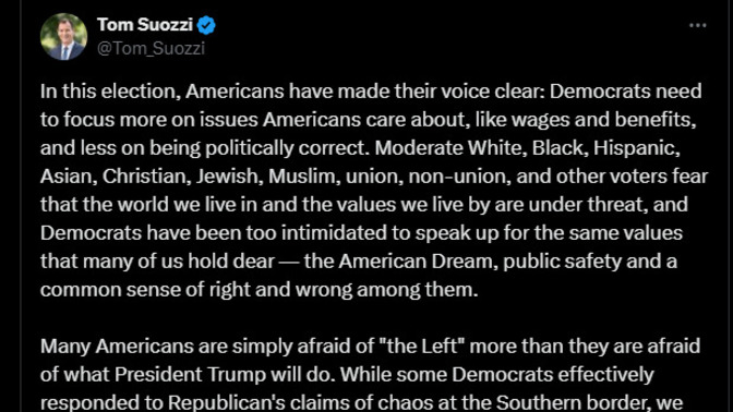 What do you think of this tweet by New York Democratic Representative Tom Suozzi?