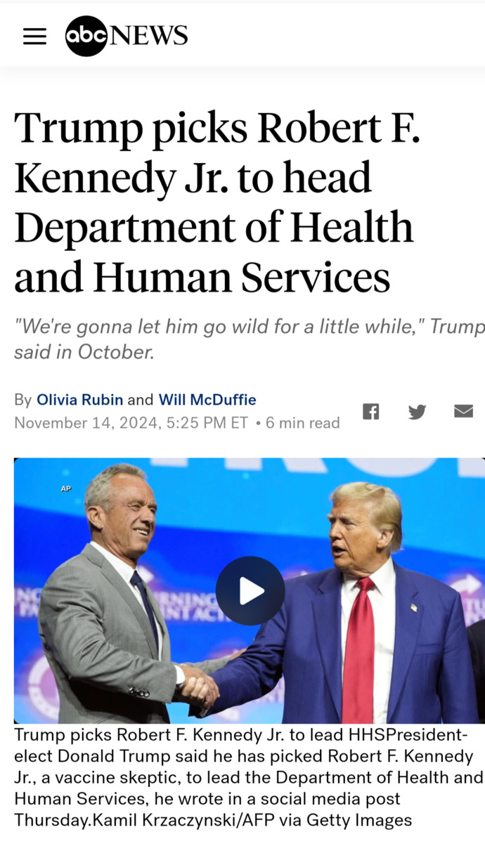 Breaking News: Donald Trump Picks RFK JR. For Secretary Of Department Of Health And Human Services. Do you agree or disagree with the decision?