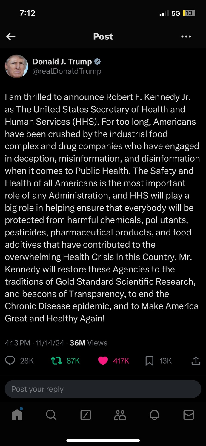 Do you support or oppose RFK Jr as Secretary of HHS?