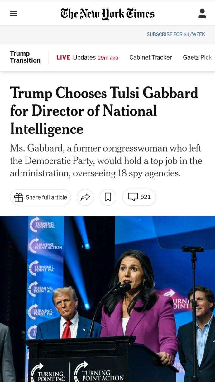 Trump Appointing Tulsi Gabbard As Director Of National Intelligence?