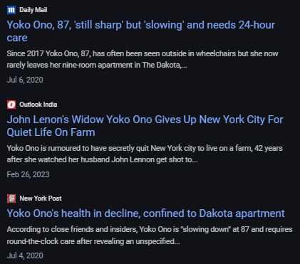 For the record Yoko Ono did NOT break up The Beatles. But there is a rumor she may be in her last days. Can you say a prayer for her?