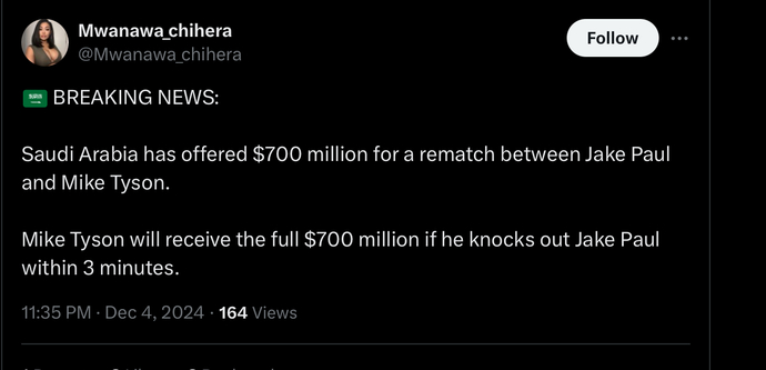 Mike Tyson got offered 700 million dollars by Saudi Royal to fight Jake Paul in a rematch? Do you think Tyson should take it?