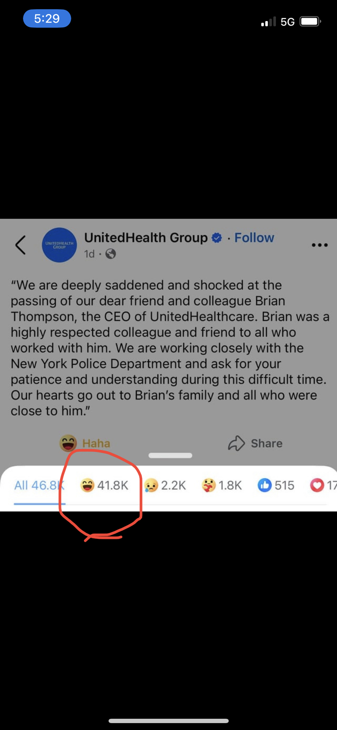 Just in case you were wondering how most people feel about the United healthcare CEO being merc’d. Thoughts?