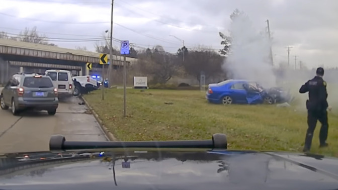 You're in a near-death car crash when police use spike strips on fleeing criminal. Who are you MOST mad at?