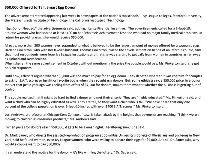 Is it okay to offer large sums of money to egg doners far above the medical expenses?