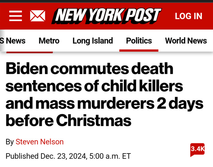 Biden commuted the sentences of hundreds of murderers including child killers & mass murderers right before Christmas. What kind of evil animal is he?