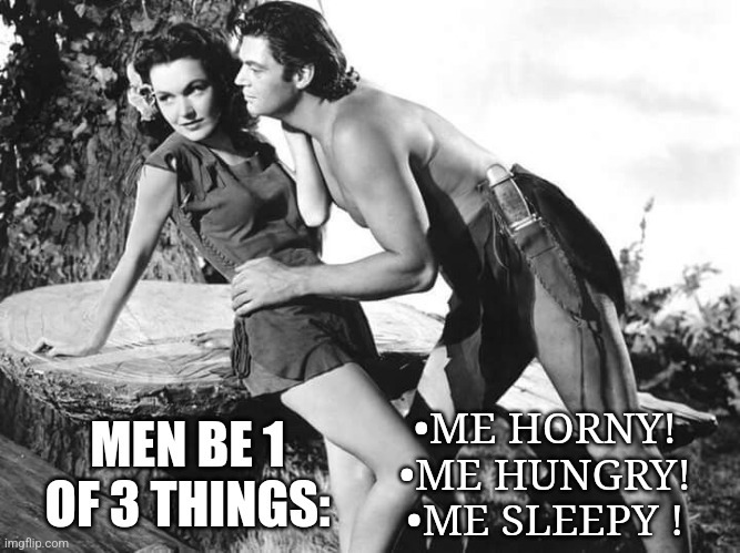Men be 1 of 3 things. Me hungry! Me horny! Me sleepy! Agree?