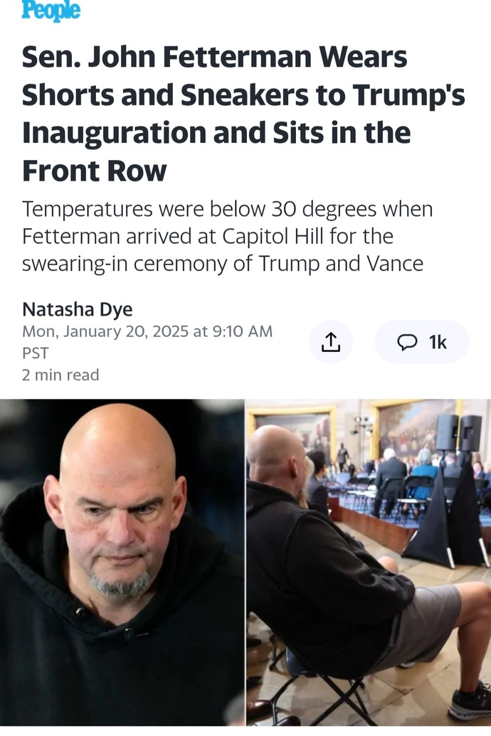 What are your thoughts on Senator Fetterman, wearing a traditional American outfit to Trumps innaugeration?