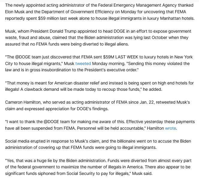 =EXPOSED!= DOGE finds Dems and FEMA were lying about using your money meant for Americans to pay for housing illegals instead. What should be done?