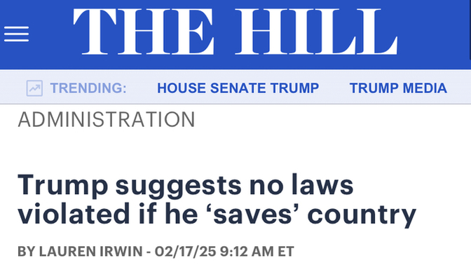What are your thoughts on trump saying, if you "save" a country you aren't violating any laws?