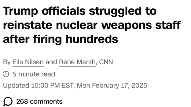 WHAT ARE YOUR THOUGHTS on trump firing and having trouble hiring/refilling nukie positions, is he trying to kill us?
