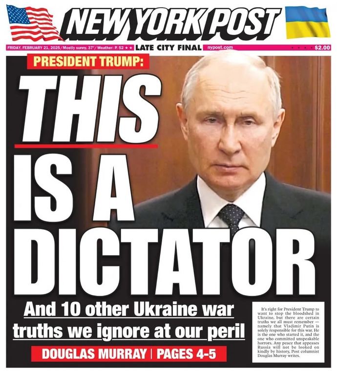 NYPost front page: a picture of Putin, headline: This is a Dictator