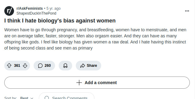 Do you think women just envy men being greater than women? Is that the reason of feminism and their hatred towards masculinity?
