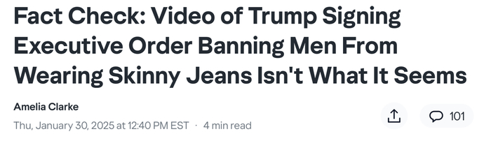 President Trump signs executive order banning skinny jeans on adult men. Are manbuns next?