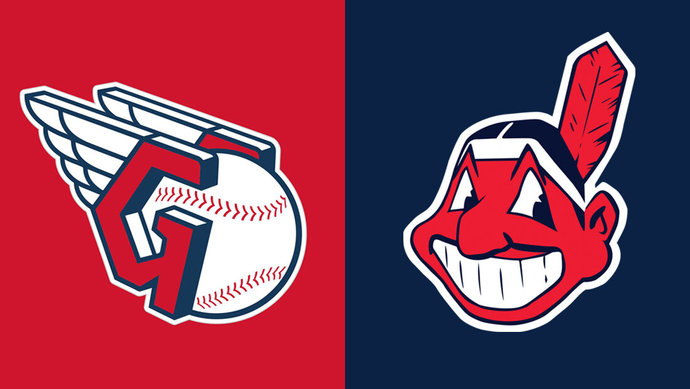 Cleveland Guardians logo (left); Chief Wahoo, the old logo (right)