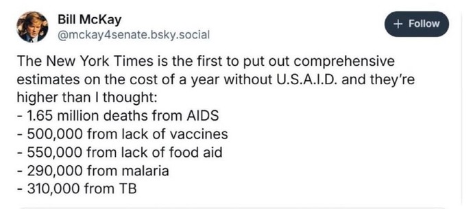 Hope DOGE is satisfied. Estimated 3 million dead so billionaires can get another tax cut. Do you still support chainsaw woodchipper murderer Elon?