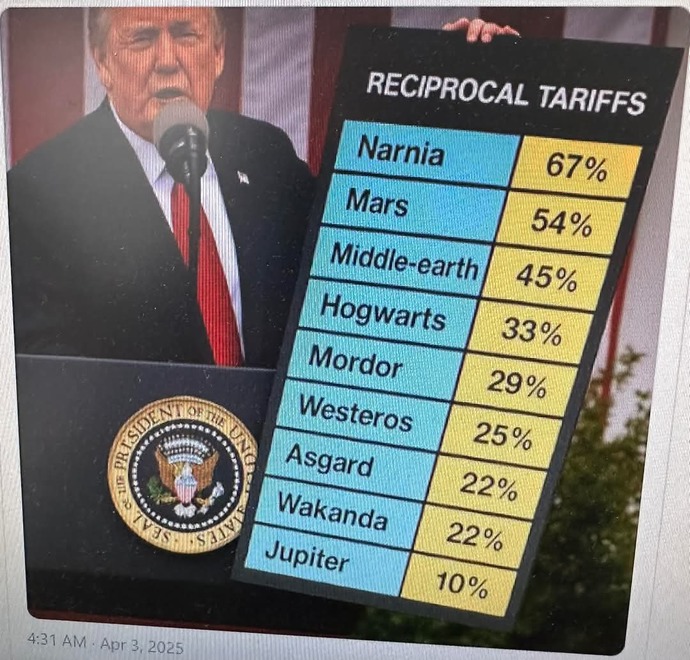 As long as were all broke due to Tariff Dons House of Horror, lets have a lol. WHY did Cadet Bonespurs tariff these places? Be creative! Have fun?