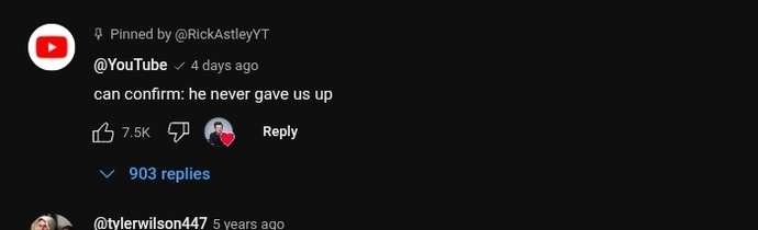 What do you think about Rick Astley liking and pinning this comment, made by the YouTube administrator channel, on his 15 year old YouTube video?