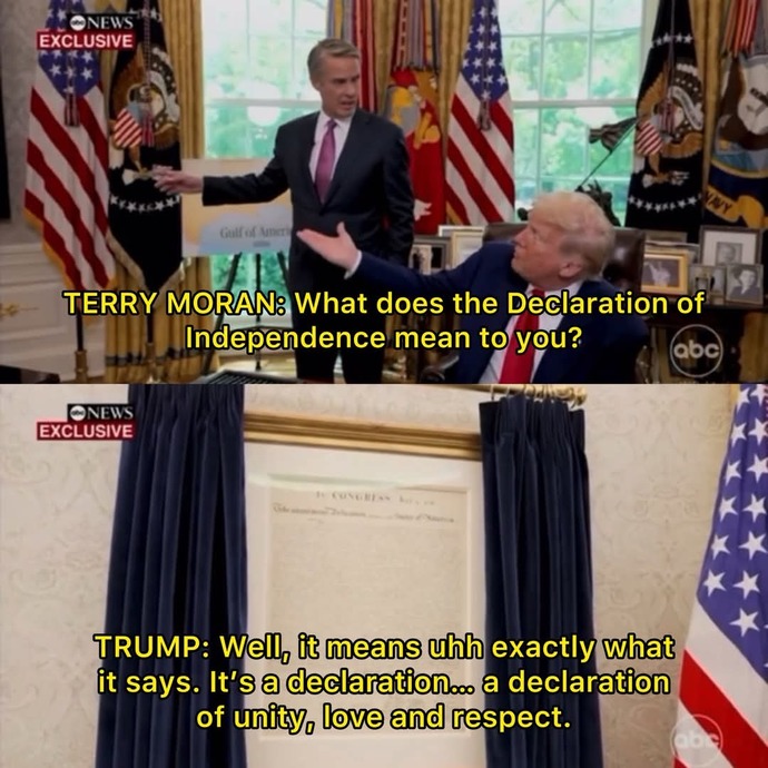 What was Trump referring to when he said the Declaration of Independence is about unity, love & respect? Wrong answers only! Bonus points for Brits?