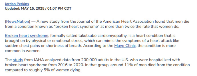 New study reveals that men are twice as likely to die from Broken Heart Syndrome than women. Why do you think that is?