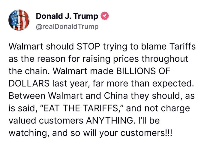 Should Walmart Eat the tariffs? Should a free market GOP be intervening in pvt business? Is he concerned about consumer confidence? Should he be?