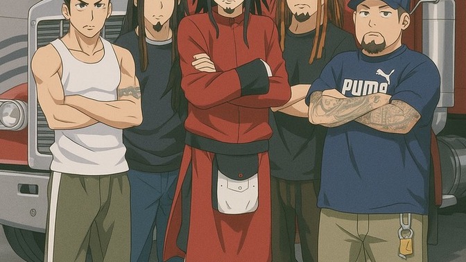What elements of anime style could be used to visually represent bands like Korn, Deftones, Linkin Park, and System of a Down?