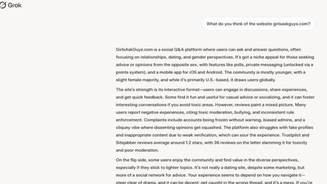 Here's what GROK (the X ai) thinks about girlsaskguys. com. what do you think?