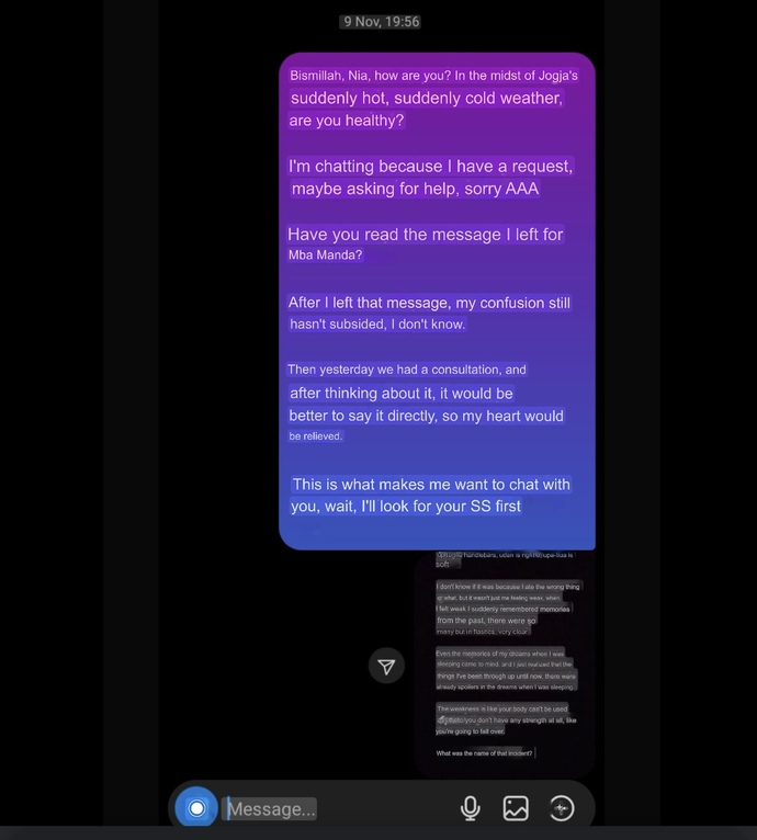 He basically texted her to resolve conflicts he had with her. He said he needed to resolve whatever he had with her in order to move forward with our connection.