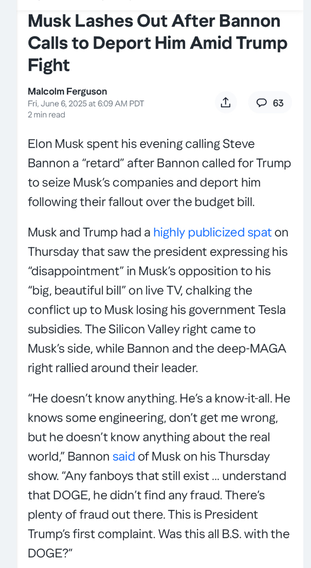 Bannon is calling for Musk to be investigated and deported, do you agree with his sudden stance?