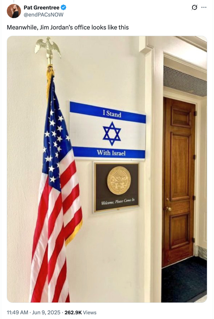 Outside Jim Jordan's offfice: "We fly the American flag in America."