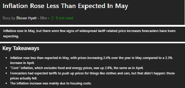 Inflation Rose Less Than Expected In May in spite of tariffs. Democrats are going to be pissed! So that means the world isnt ending after all?