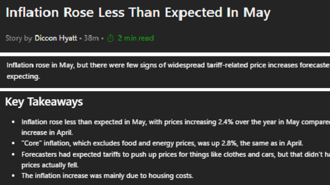 Inflation Rose Less Than Expected In May in spite of tariffs. Democrats are going to be pissed! So that means the world isn't ending after all?