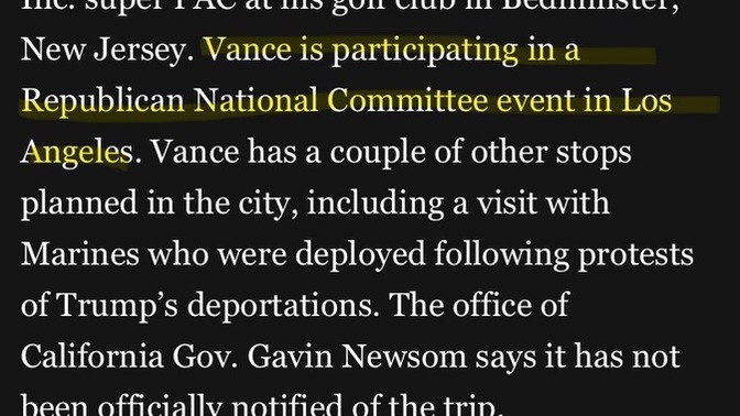 If the Trump admin wants you to believe LA is in crisis, on fire, rioting (laughing) why is Vance holding a $469,000 donation head gala in LA?