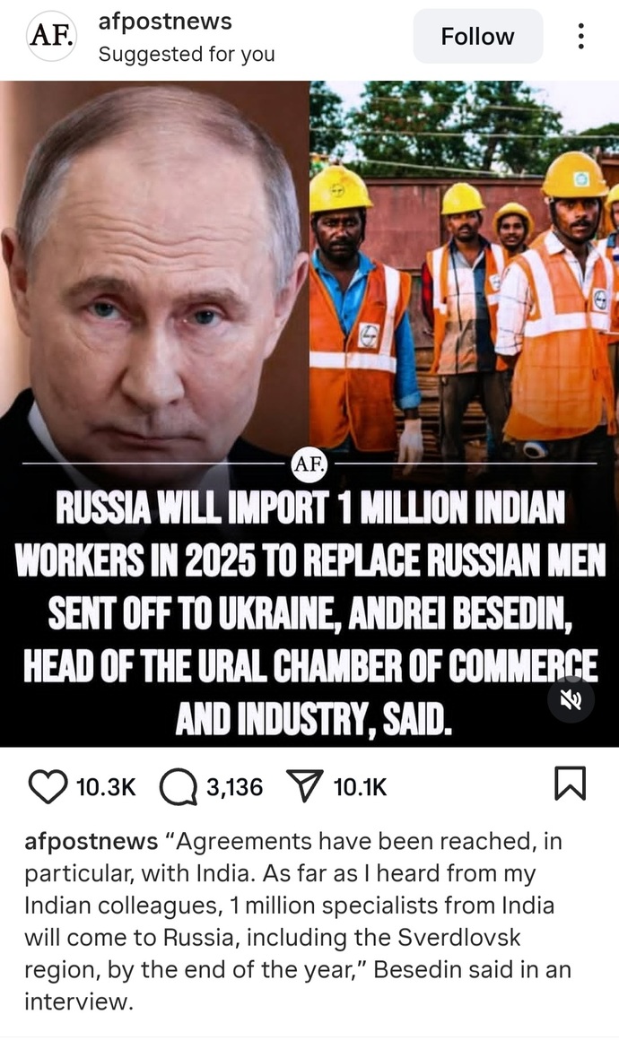 What are your thoughts on Vladimir Putin replacing Russian men with ethnic Indians?