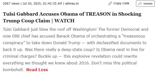 Director of National Intelligence says she has proof that Obama and his henchmen committed treason against President Trump. Is this Justice at last?