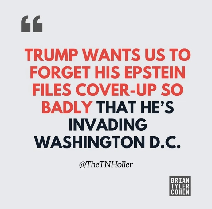 What do you think about Trump's latest distraction from the Epstein files: military takeover of DC?