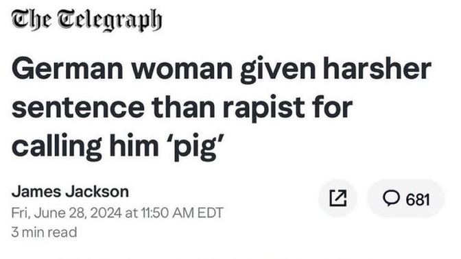 German woman given harsher sentence than gang rapist for calling him a pig on social media Thoughts?