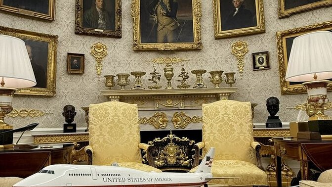 Thoughts on Trump's interior decorating? What do the objects on the mantle represent? What would the prior POTUS in pix say?