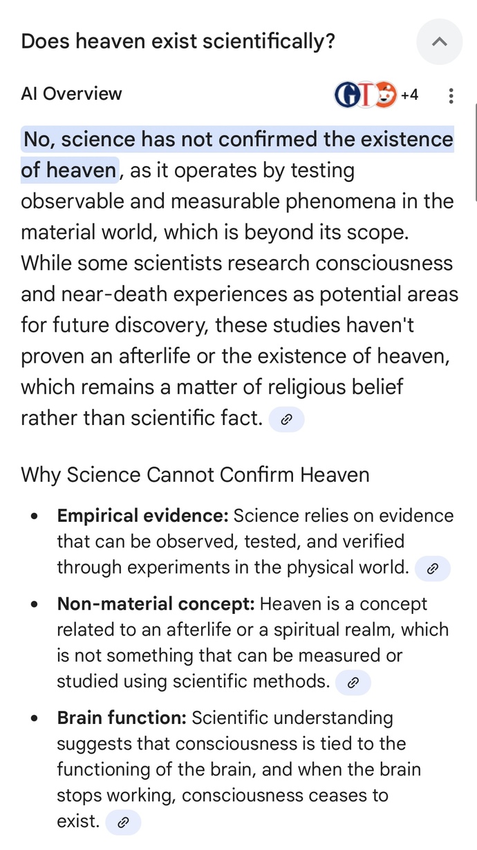 AI told me there is no scientific evidence heaven exists, what are your thoughts about this?