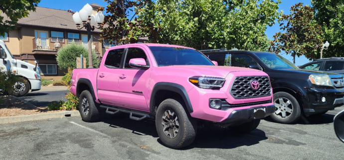 Guys, what would you think if your friend came over to visit and he drove up in a pink Toyota truck?